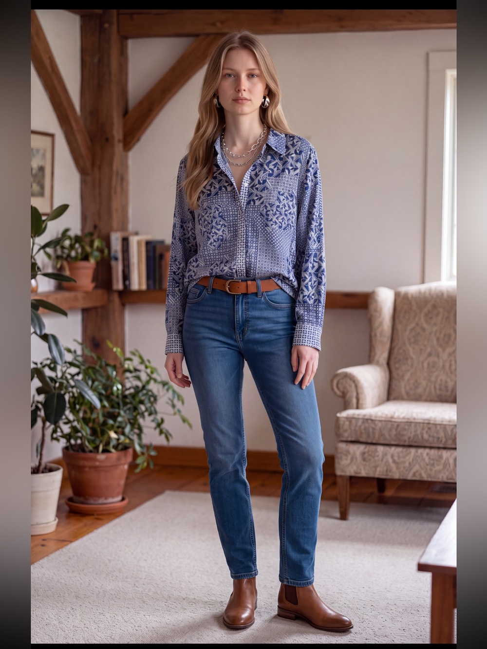 Foxcroft Zoey Long Sleeve Blue and White Printed Button-Down Shirt Retails $118